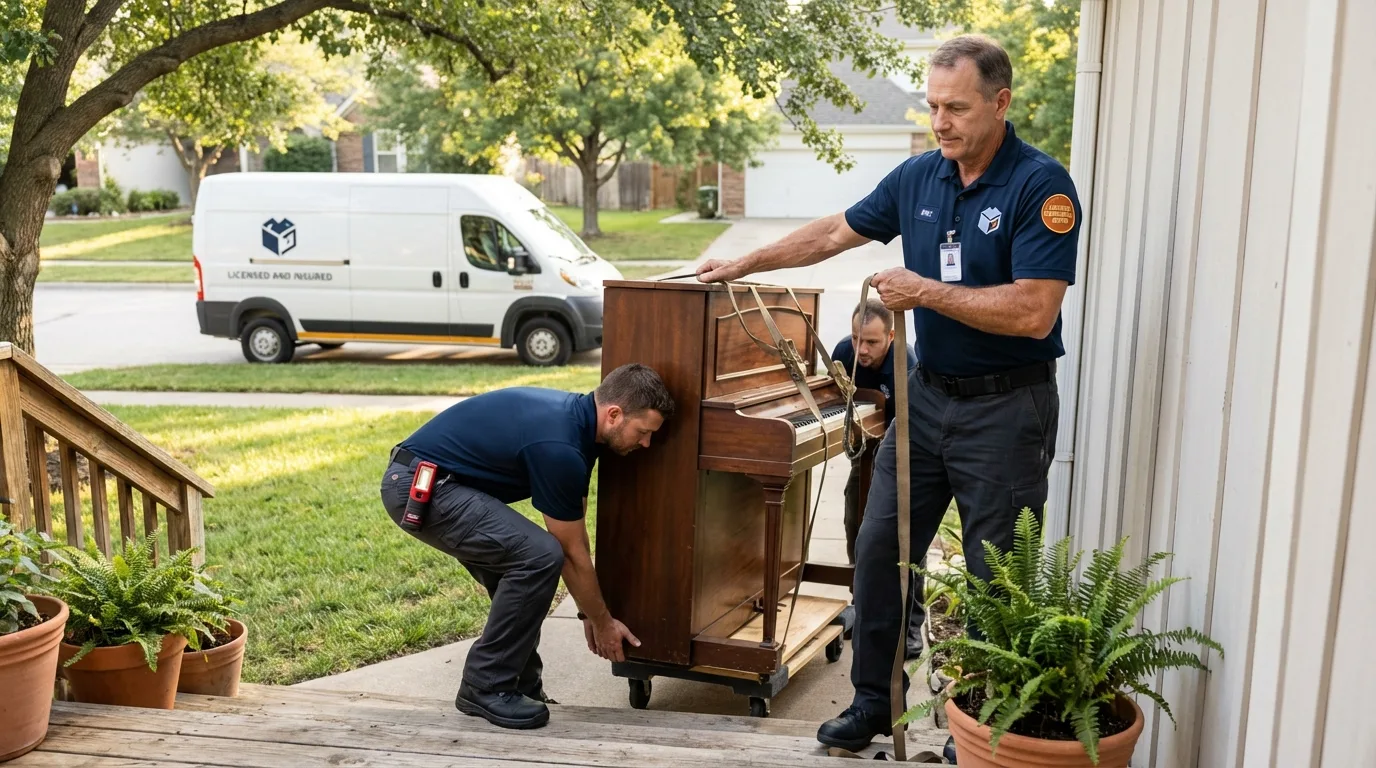 Licensed piano movers securing grand piano in Phillipsburg, NJ