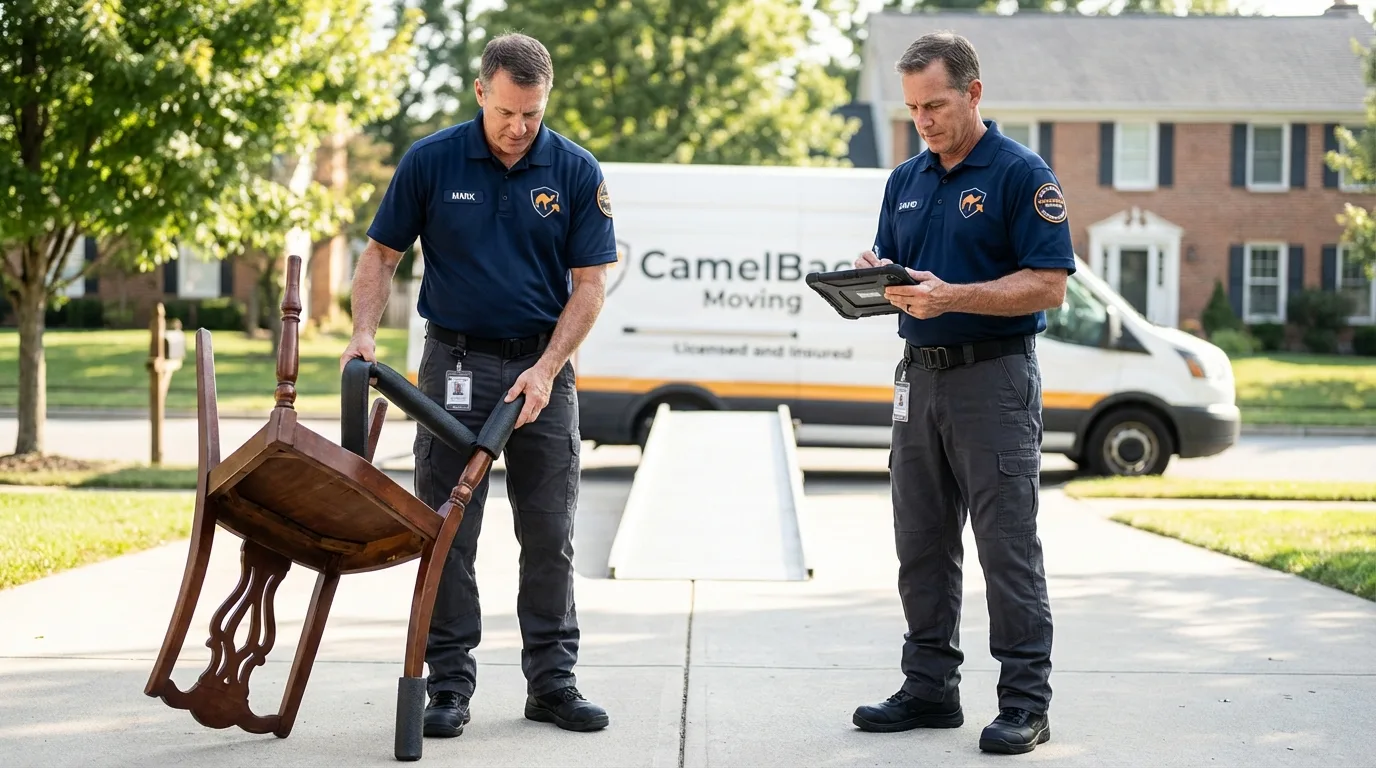 Movers inspecting furniture for damage prevention before loading in Phillipsburg, NJ