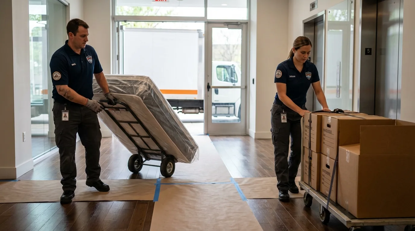 Professional apartment movers loading elevator in Phillipsburg, NJ